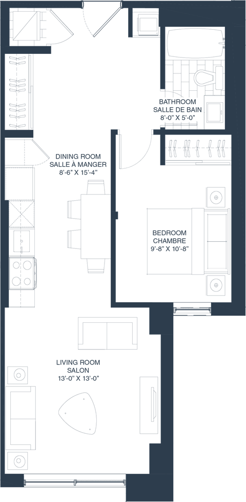 Floor plan for 1 bed, 1 bath, 692 sqft